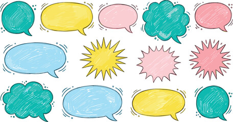 Hand Drawn Colorful Speech Bubble Set with Starburst Comic Exploding Shapes and Scribble Text Cloud Frames Vector Illustration © Farid