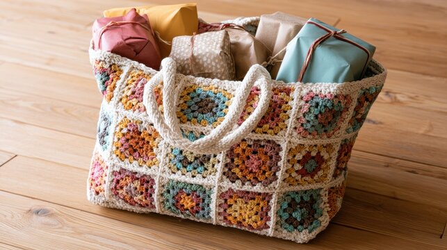 Granny square patchwork tote bag filled with wrapped gifts on a wooden floor.