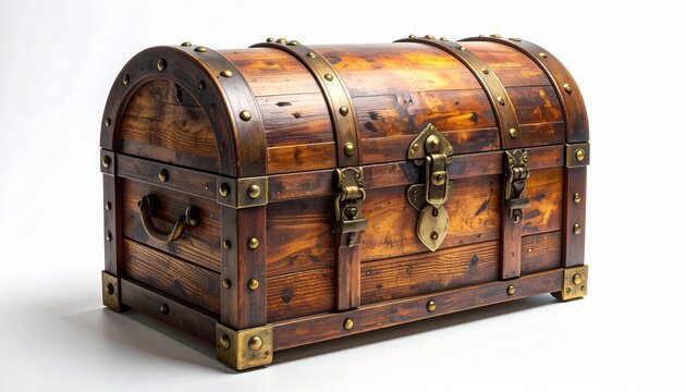 Aged wooden treasure chest with brass hardware and ornate latch