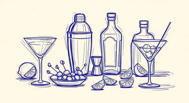 Bartending tools and martini glasses hand drawn line art sketch with cocktail