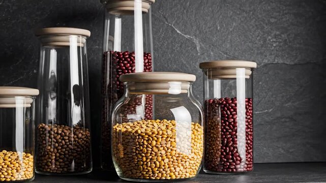 Assorted tall and rounded canisters filled with yellow split peas, brown pulses and red beans stand before a charcoal stone wall, creating dramatic modern pantry styling with generous copy space