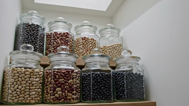 Two tier arrangement of lidded glass canisters containing black, cream and speckled beans rises beneath a bright skylight, giving a compact pantry corner a clean vertical structure and airy freshness