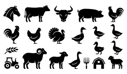 Fototapeta premium Livestock Animal Silhouettes Monochrome Vector Set