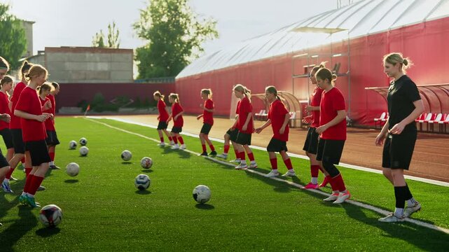 Competitive womens soccer team performing organized ball control drills on artificial turf during outdoor training session under coach supervision in bright daylight