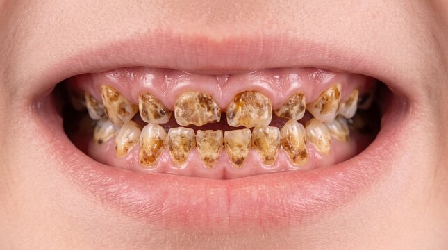 Clinical Image of Young Patient Showing Plaque and Cavities on Front Teeth