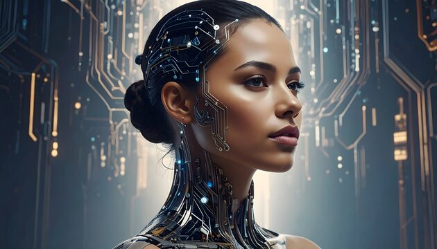 Mujer futurista con circuitos digitales en el rostro y cuello en un entorno tecnol&oacute;gico de inteligencia artificial