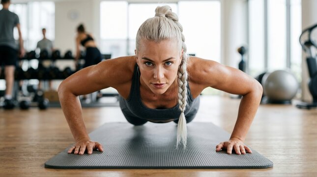 Focused blonde woman performing a pushup on a yoga mat. Athletic female exercising in a gym. Strength training and fitness motivation concept
