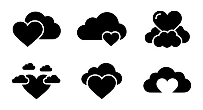 Heart Cloud Icons, Love Symbol Graphics, Romantic Weather Elements, Vector Set