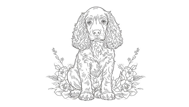 Boykin Spaniel dog sitting in elegant line art illustration. Minimalist black and white canine portrait for branding and design projects.
