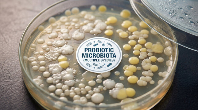 Close up of probiotic microbiota cultured in petri dish showing multiple species in laboratory environment