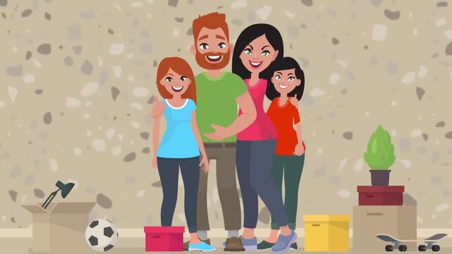 Happy Family of Four Standing in Empty Room with Cardboard Boxes, Moving to New House Real Estate Concept, 2D Animated Loop