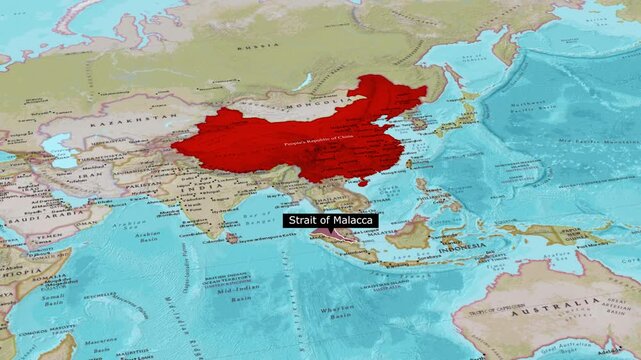 China Highlighted Red on Detailed Political World Map with Strait of Malacca Label Animation