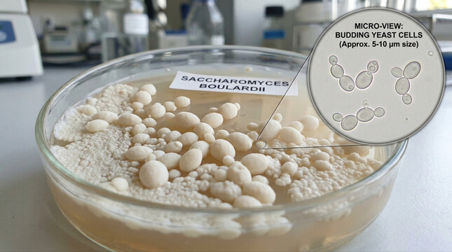 Close up of saccharomyces boulardii yeast culture in petri dish with microscopic view of budding yeast cells