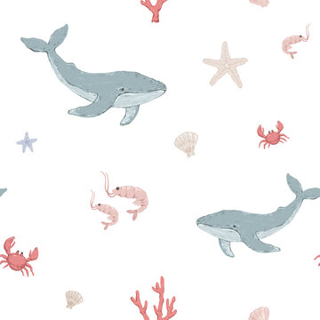 Seamless pattern with nautical marine animals, blue whale, shrimps, crab, seashell, coral. Ocean nature
