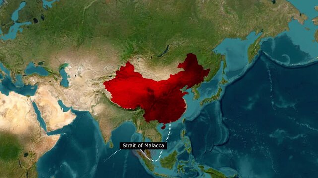 China Highlighted Red on World Map with Strait of Malacca Shipping Route Dotted Line Animation