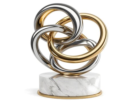 Modern abstract sculpture featuring interlocking gold and silver metallic rings