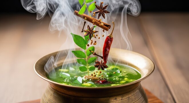 Fresh green curry leaves and dry spices fall into a steaming hot herbal soup inside a traditional brass vessel with rising wisps of vapor, vintage, organic, homemade