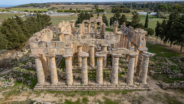 Exploring temple ruins of Zeus at Unesco World Heritage site Cyrene in Eastern Libya with a bird's-eye view