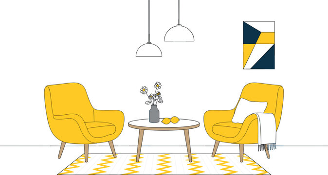 Modern living room interior sketch with two yellow armchairs coffee table chevron rug geometric poster and pendant lamps design vector.