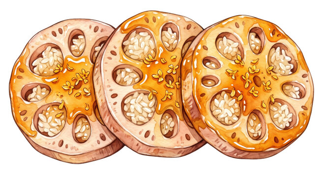 watercolor illustration of glazed stuffed lotus root (nelumbo nucifera) slices isolated on a transparent background