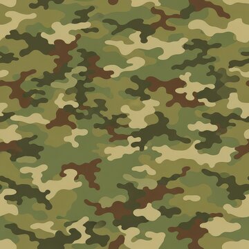 High-quality seamless military camouflage pattern with organic abstract shapes in olive, khaki, and brown tones for tactical backgrounds, military, protective, repeating