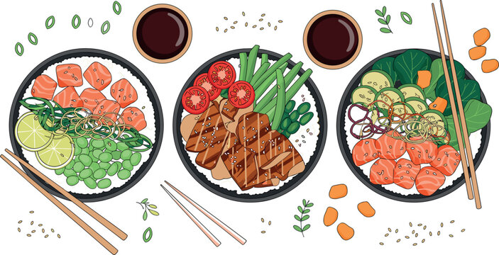 Healthy poke bowls set with salmon tuna grilled chicken avocado edamame rice soy sauce and chopsticks flat vector illustration.