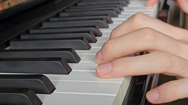Close up of human fingers pressing piano keys during acoustic piano performance. Musician playing classical keyboard instrument with precise hand movements, music practice, performance, learning