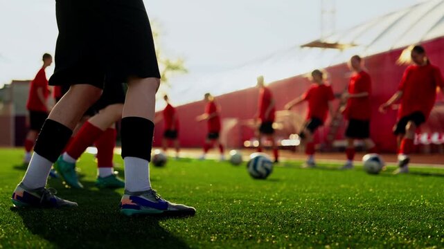 Intensive womens soccer training session on bright green turf field with team practicing coordinated dribbling drills, footwork exercises, and ball control in warm daylight