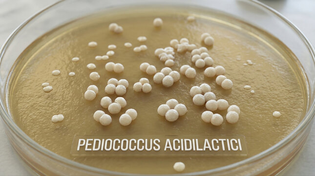 Close up of pediococcus acidilactici bacteria cultured in agar plate for microbiology research and study