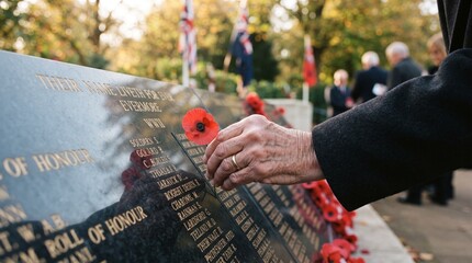 A close-up shot of an elderly person's wrinkled hand gently placing a vibrant red remembrance poppy onto a black granite war memorial wall.