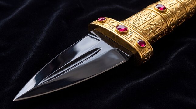 Ornate ancient Egyptian gold dagger on black velvet