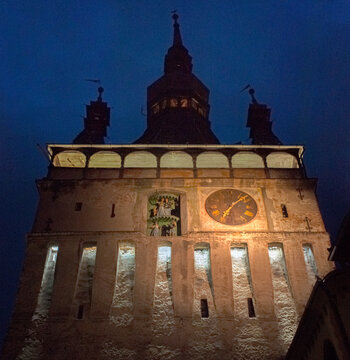 Medieval clock tower in Sighisoara, Transylvania, Romania at night