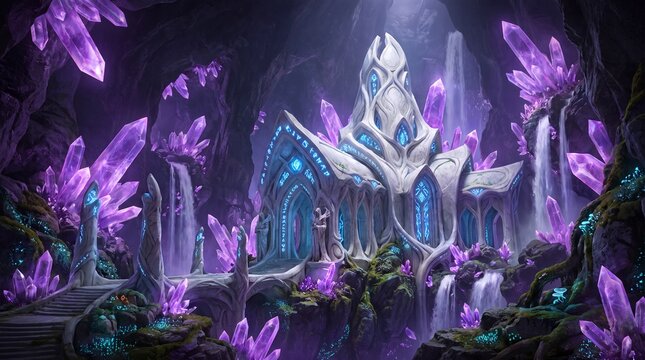 Mystical fantasy temple inside a glowing purple crystal cave