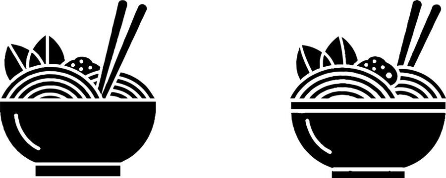 Two bowls of noodles with chopsticks and vegetables.