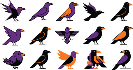 Fototapeta premium Collection of stylized raven and crow illustrations in various poses