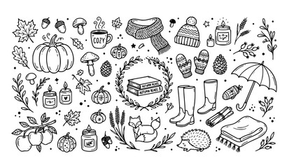 Fototapeta premium Autumn Cozy Doodle Elements Hand Drawn Line Art Vector Set