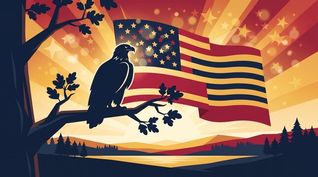 A patriotic vector illustration featuring the silhouette of a bald eagle perched on a tree branch, set against a stylized American flag waving in the background.