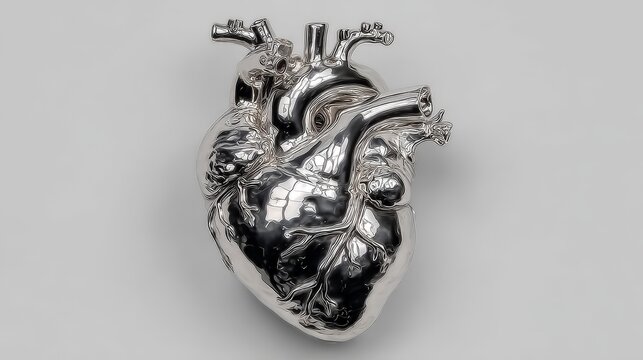 Chrome metallic heart on white background, close-up showing shiny reflective surface, polished metal texture, elegant design, modern decorative concept for artistic or romantic use.