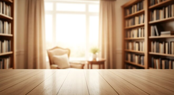 Empty wooden plank tabletop mockup with reflection and blurred warm cozy library background