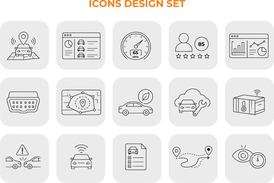 Vehicle Telematics and Fleet Management Line Icons Set | Connected Car Technology Outline Collection