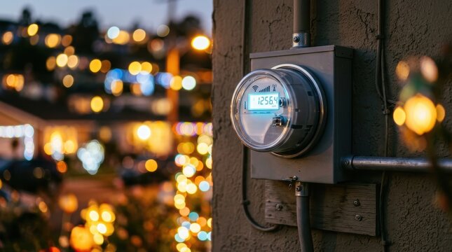 A modern electric meter mounted on a residential wall with a glowing bokeh background, symbolizing smart energy monitoring and efficient household electricity management. 