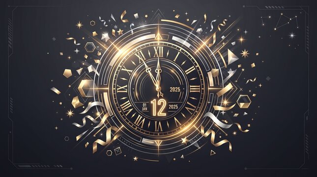 An elegant golden countdown clock striking midnight for New Yea, bursting with metallic confetti and stars against a dark, futuristic background