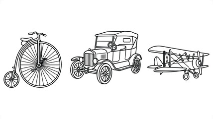 Vintage transportation evolution: penny-farthing bicycle early automobile and biplane in line art style on white background © Graphic Seller