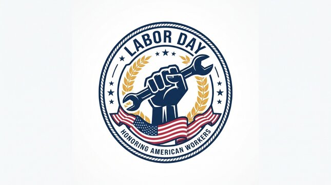 A circular patriotic Labor Day emblem on a white background, featuring a strong fist holding a wrench at the center. 