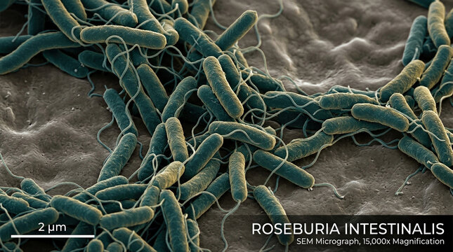 High resolution scanning electron micrograph of roseburia intestinalis bacteria at a magnification of 15000 times