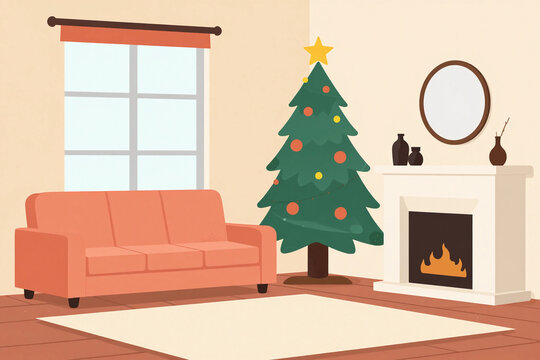 Cozy living room with Christmas tree and fireplace