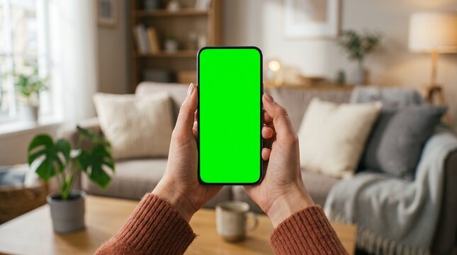 Hands Holding Smartphone with Green Screen Mockup in Modern Home