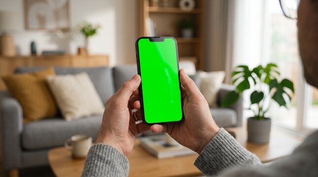 Hands Holding Smartphone with Green Screen Mockup in Modern Home