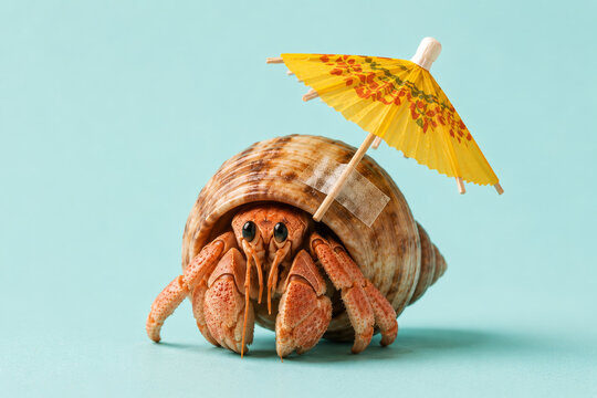 Hermit crab with cocktail umbrella on shell isolated on pastel blue background