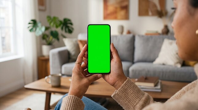 Hands Holding Smartphone with Green Screen Mockup in Modern Home